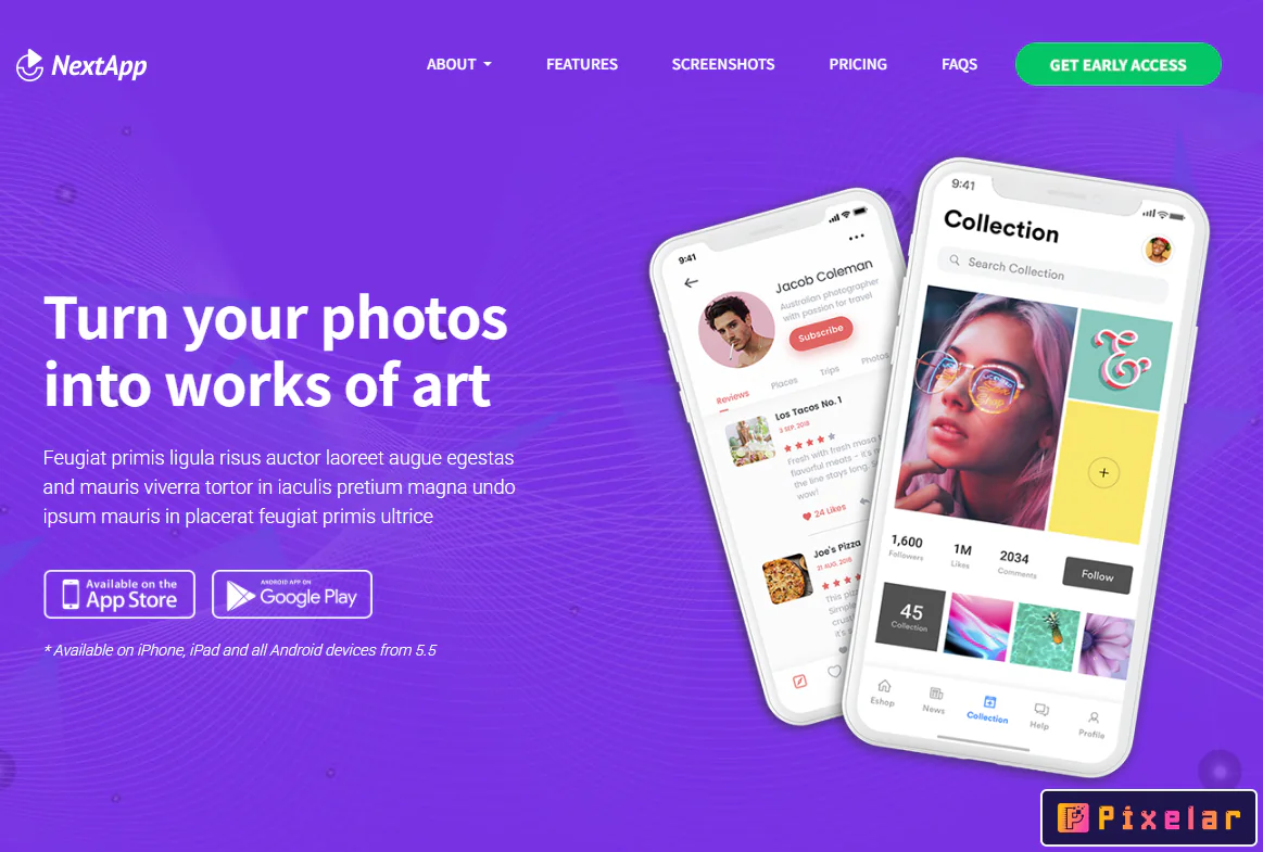 NextApp - Paquete de Plantillas Elementor para Landing Pages de Apps (iOS & Android)